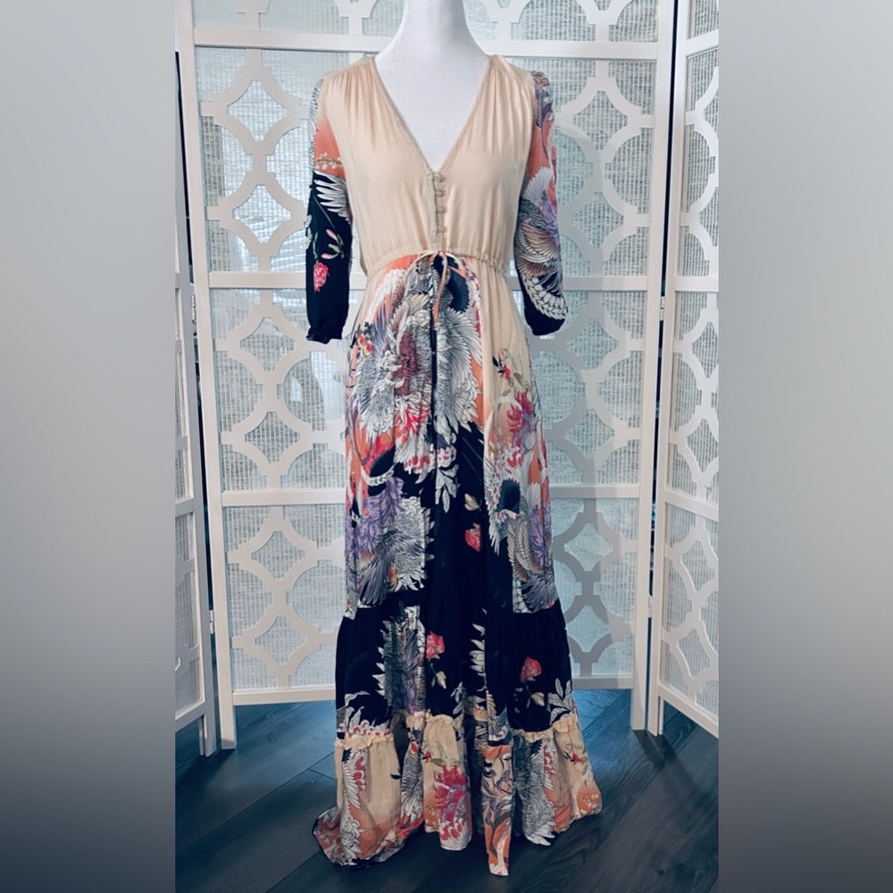 JAASE Boho XS Dress Floral Maxi Dress Patterned Long Peasant Tie Flowers Flowy - Picture 3 of 11